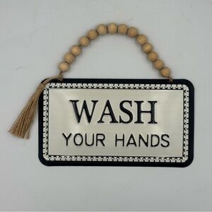 NWOT Boho “Wash Your Hands” Navy & White Sign With Beaded Hanger Bath/Kitchen